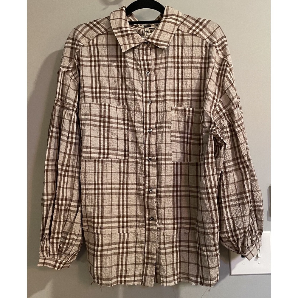 Gimmicks by BKE Top Plaid Button-Down‎ Shirt Raw Hem Balloon Sleeve Large New